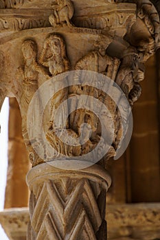 Cloister of the Benedictine monastery in the Cathedral of Monreale in Sicily. General view and details of the columns and capitals