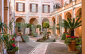 Cloister in the Church of the Saints Cosma e Damiano in Rome, Italy.