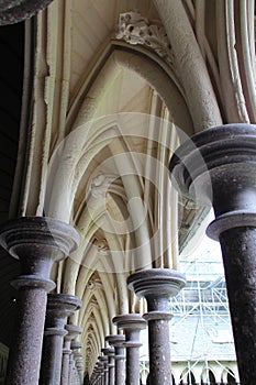 cloister of a medieval abbey at le mont-saint-michel in normandy (france)