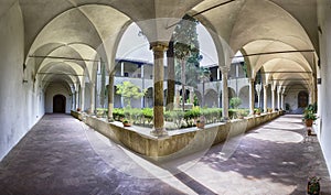 Cloister of Sant& x27;Agostino Church in San Gimignano, Tuscany, Italy