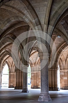 Cloisters on the Glasgow University campus in Scotland, built in Gothic Revival style. The Cloisters also known as The Undercroft.