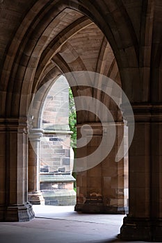 Cloisters on the Glasgow University campus in Scotland, built in Gothic Revival style, also known as The Undercroft.