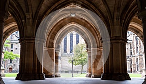 Cloisters on the Glasgow University campus in Scotland, built in Gothic Revival style, also known as The Undercroft.