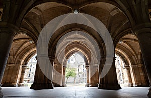 Cloisters on the Glasgow University campus in Scotland, built in Gothic Revival style, also known as The Undercroft.