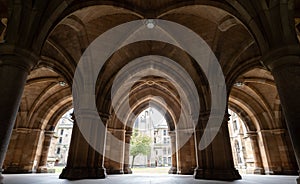 Cloisters on the Glasgow University campus in Scotland, built in Gothic Revival style, also known as The Undercroft.