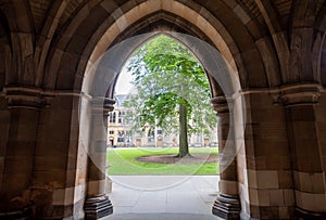 Cloisters on the Glasgow University campus in Scotland, built in Gothic Revival style, also known as The Undercroft.