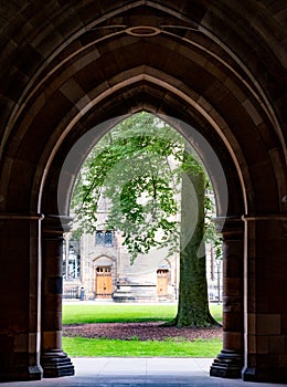 Cloisters on the Glasgow University campus in Scotland, built in Gothic Revival style, also known as The Undercroft.