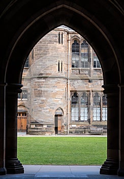 Cloisters on the Glasgow University campus in Scotland, built in Gothic Revival style, also known as The Undercroft.