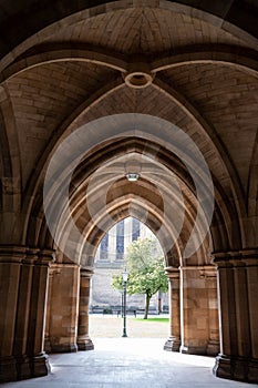 Cloisters on the Glasgow University campus in Scotland, built in Gothic Revival style. The Cloisters also known as The Undercroft.