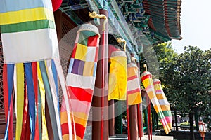 Clolorful Manchu banner and flags standing in front of ancient Chinese buildings, New Yuanming Palace, Zhuhai, China