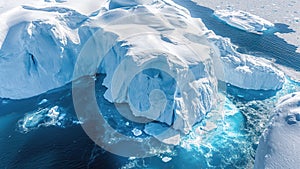 Clomate change make huge icebergs collapsing down to the blue sea in Antarctica