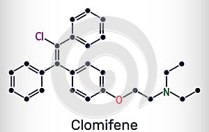 Clomifene, clomiphene, enclomifene, E-isomer molecule. It is an oral agent used to treat infertility in women. Structural chemical