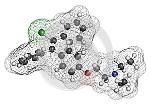 Clomifene (clomiphene) ovulation inducing drug molecule. The E-isomer (enclomifene) isomer is shown