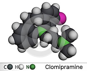 Clomipramine molecule. It is tused in the treatment of depression, schizophrenia, Tourette`s disorder. Molecular model. 3D