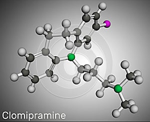 Clomipramine molecule. It is used in the treatment of depression, schizophrenia, Tourette`s disorder. Molecular model. 3D