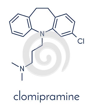 Clomipramine tricyclic antidepressant drug molecule. Used in treatment of depression, obsessive-compulsive disorder, etc. Skeletal