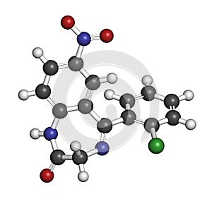 Clonazepam benzodiazepine drug molecule. Used in treatment of seizures, insomnia, anxiety, etc. Atoms are represented as spheres