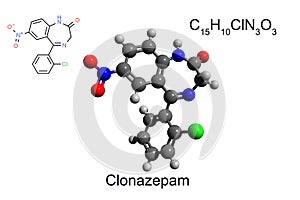 Chemical formula, skeletal formula, and 3D ball-and-stick model of medication clonazepam, white background