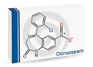 Clonazepam molecule. It is benzodiazepine, anticonvulsant, used to treat panic disorders, severe anxiety, seizures. Skeletal