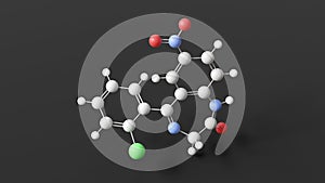 clonazepam molecule, molecular structure, benzodiazepines, ball and stick 3d model, structural chemical formula with colored atoms photo