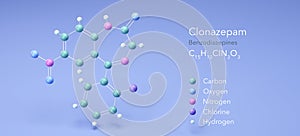 clonazepam molecule, molecular structures, benzodiazepines, 3d model, Structural Chemical Formula and Atoms with Color Coding photo
