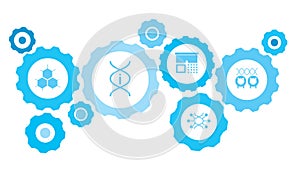 Cloning, dna, sheep gear blue icon set. Connected gears and vector icons for logistic, service, shipping, distribution, transport