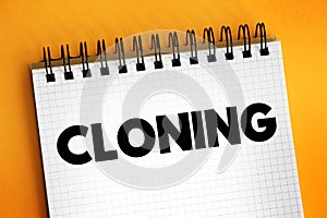 Cloning is the process of producing individual organisms with identical genomes, text concept on notepad photo