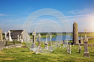 Clonmacnoise Cathedral with the typical crosses and graves