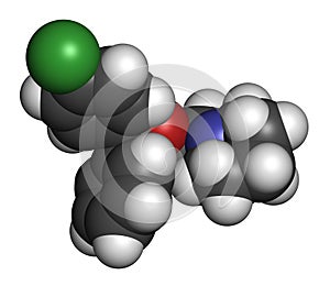 Cloperastine cough suppressant drug molecule. 3D rendering. Atoms are represented as spheres with conventional color coding: