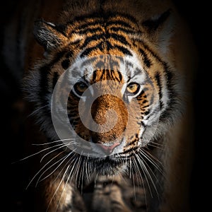 Close adult tiger portrait. Animal on dark background