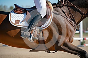 close angle of a riders boot in the stirrup over a jump