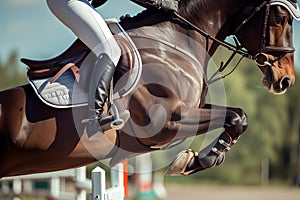 close angle of a riders boot in the stirrup over a jump