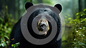 Close Asiatic black bear Ursus thibetanus in summer forest. Wildlife scene from nature