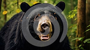 Close Asiatic black bear Ursus thibetanus in summer forest. Wildlife scene from nature