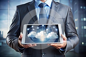 Close of businessman presenting tablet pc and cloud computing concept. Mixed media
