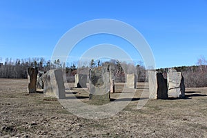 Close circle of standing stones resembling Stonehenge but located in the small rural community Wallace Nova Scotia in springtime