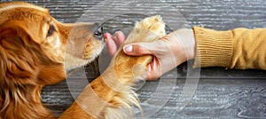 Close connection human hand and dog paw touch in gesture of love and friendship