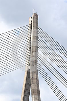 Close details of old large suspension bridge