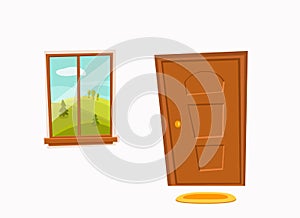 Close door and window cartoon colorful vector illustration with valley summer sun landscape