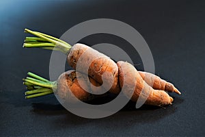 Close embrace - Two carrots in a hug against a black background -This close up shot is suited as background motive of desktops