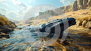 A close encounter with a blue whale in a clear shallow water stream through a sandy desert landscape