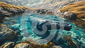 A close encounter with blue whale in a clear water stream through arctic landscape