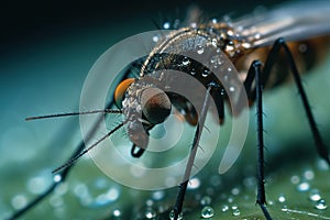 Close Encounter: Macro photo of a mosquito feeding on a leafLeafy Feast: Aedes Albopictus Mosquito Feeding on Leaf in Detailed