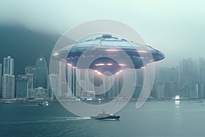 Close encounter at sea, Aliens\' spaceship invades bustling coastal metropolis photo