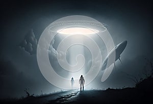 Close encounter of the third kind with a UFO flying saucer spaceship from outer space creating an alien abduction sighting