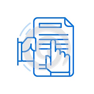 Close examination agreement vector line icon. Detailed review legal contract with error correction.