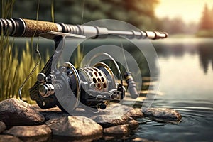 Close fishing reel on the nature background, Generative AI