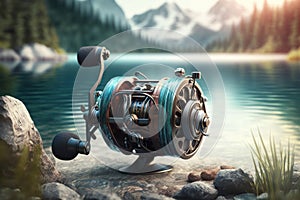 Close fishing reel on the nature background, Generative AI