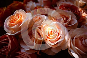 Close focus on artificial pastel orange roses with bright sunlight in dark area