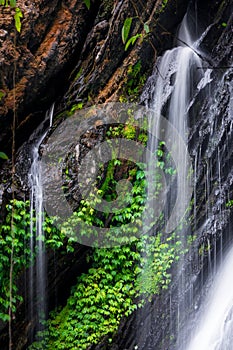 Close focus on smooth flowing water from high rock waterfall